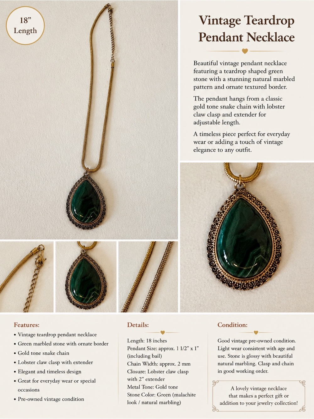 Vintage Teardrop Pendant Necklace – Green Marbled Stone